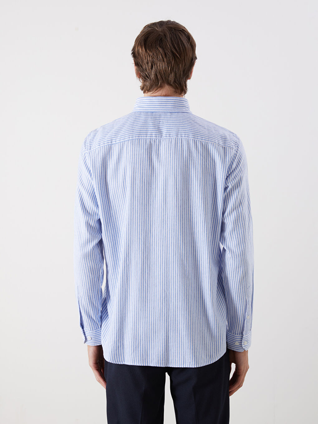 Ерлерге арналған тар пішім ұзын жең жолақты саржа жейде-3