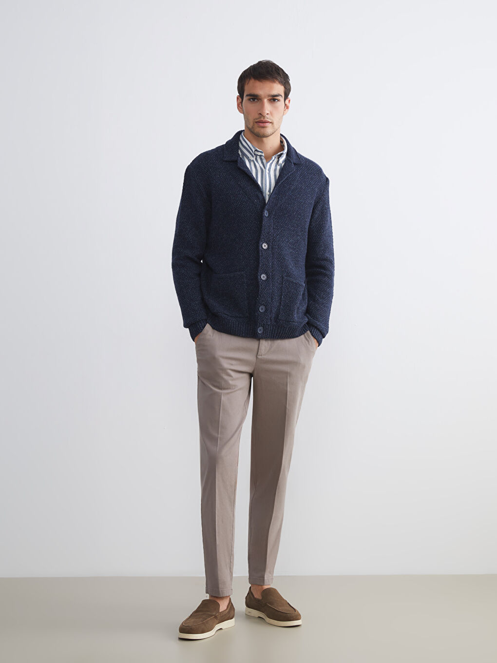 Lacivert Standart Kalıp Ceket Yaka Erkek Triko Hırka-1