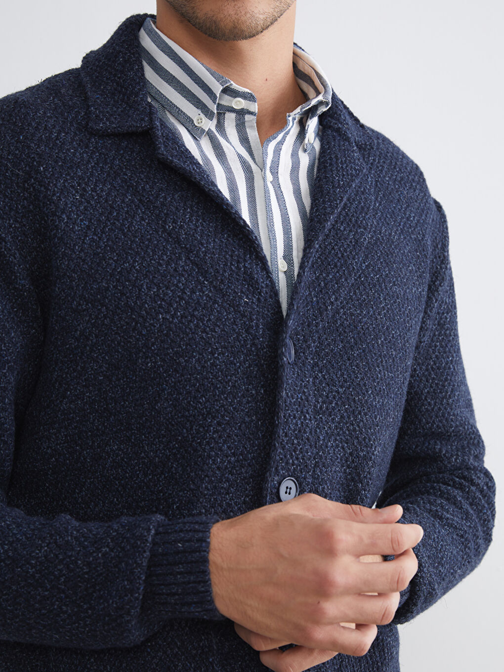 Lacivert Standart Kalıp Ceket Yaka Erkek Triko Hırka-2