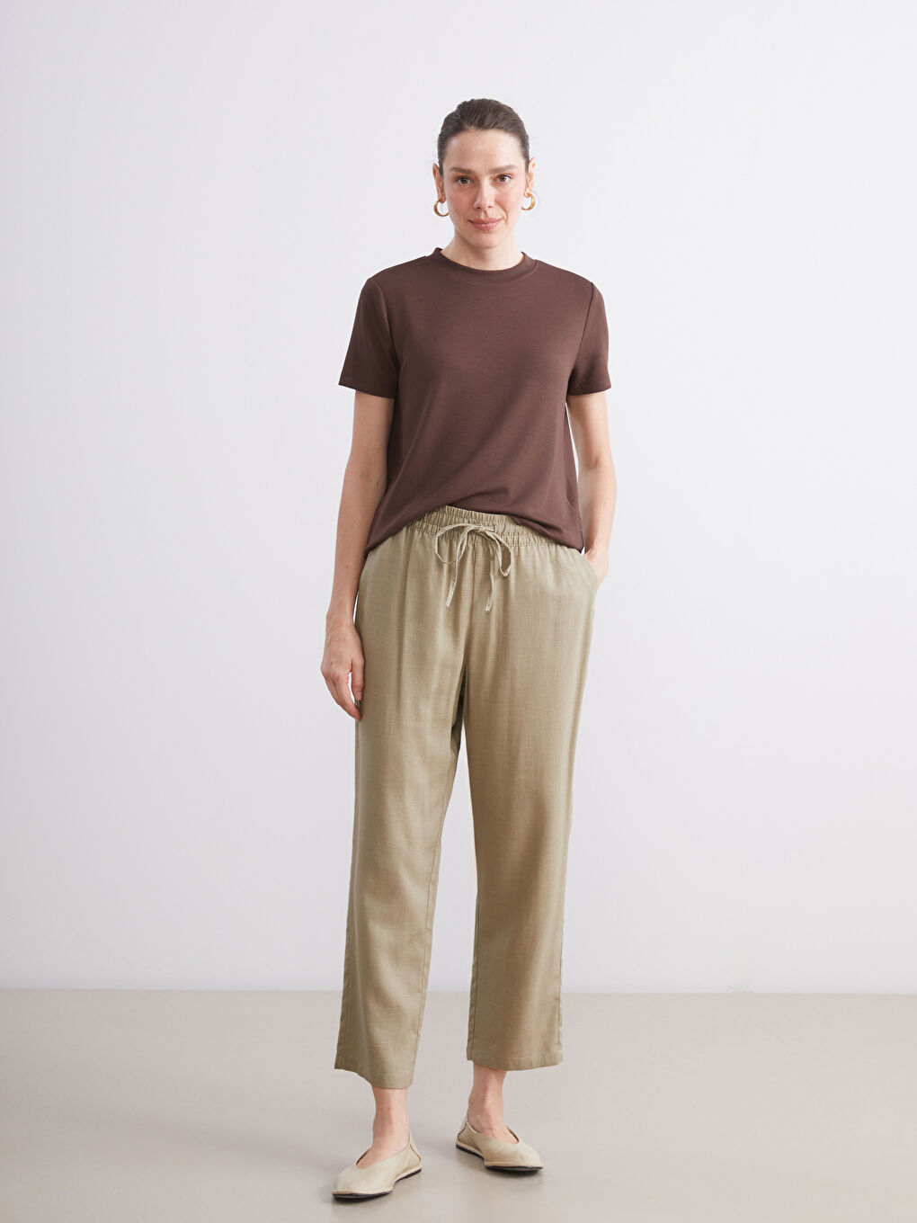 LCW Grace Women's Elastic Waist Linen Blend Trousers -W54942Z8-VEY