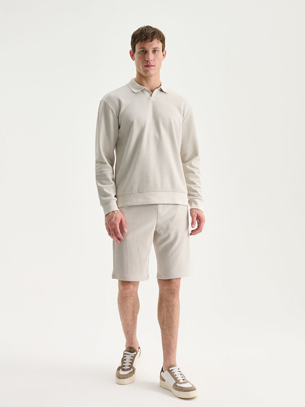 Bej Polo Yaka Erkek Sweatshirt-1