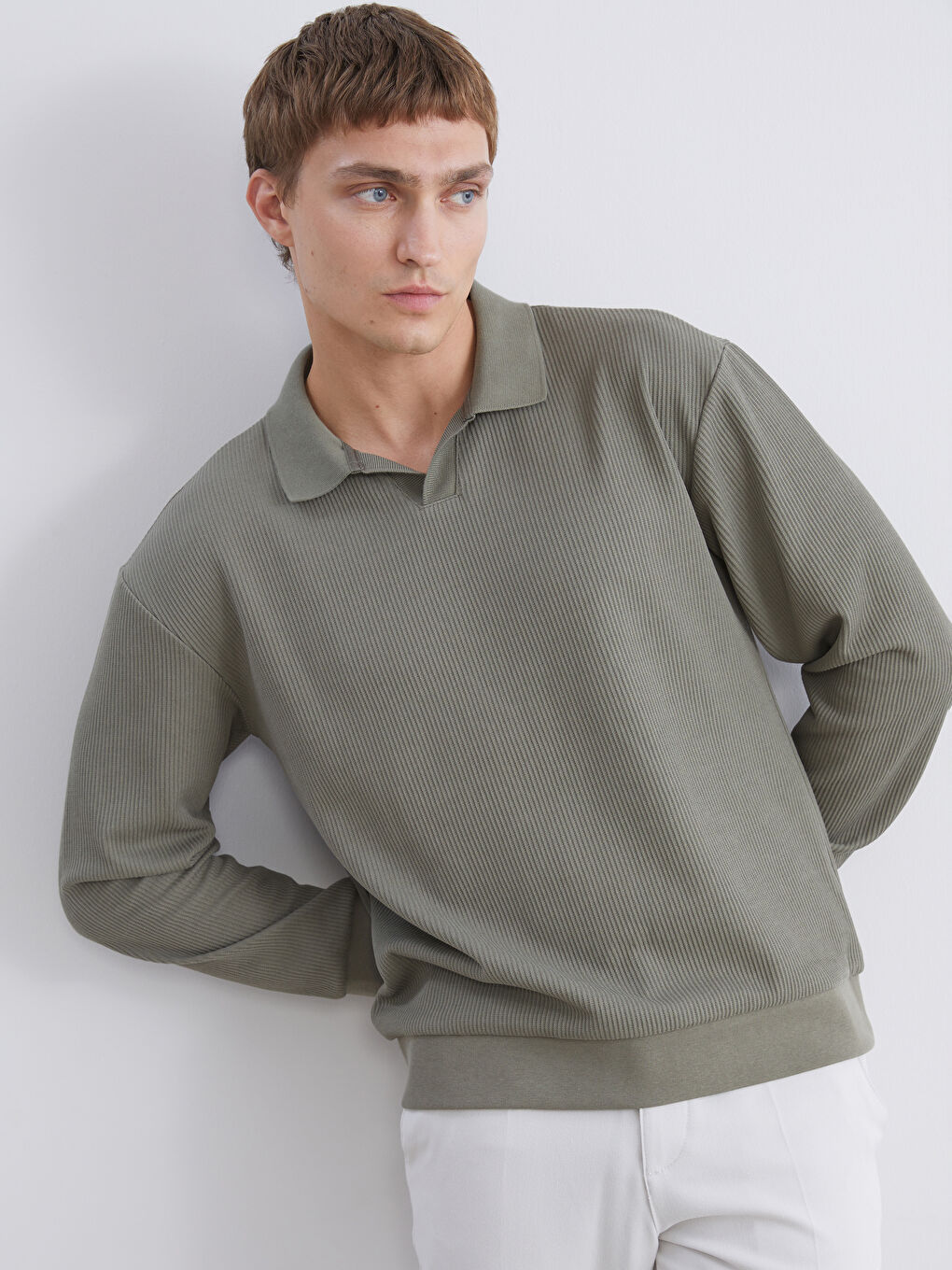 Yeşil Polo Yaka Erkek Sweatshirt