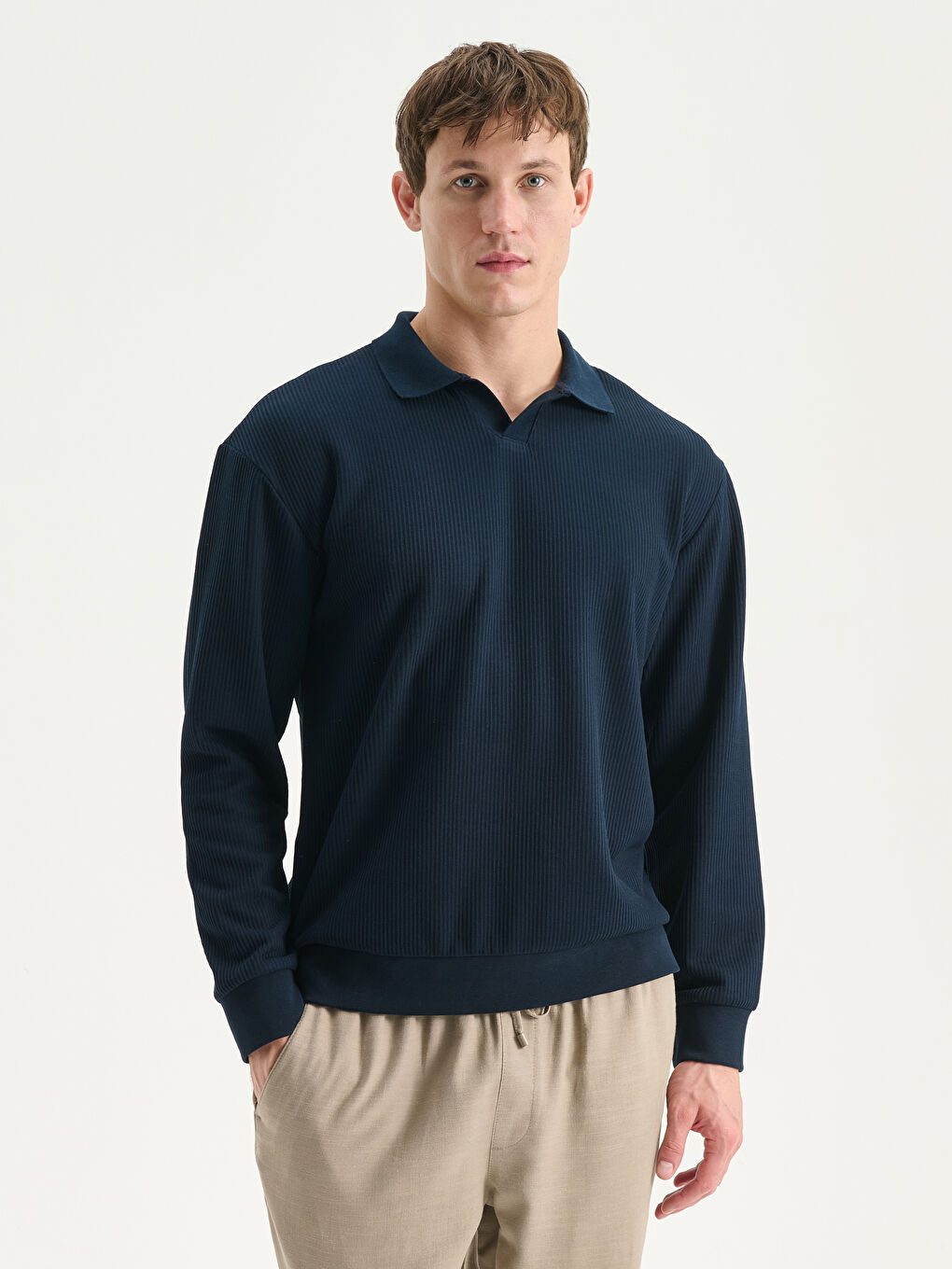 Lacivert Polo Yaka Erkek Sweatshirt