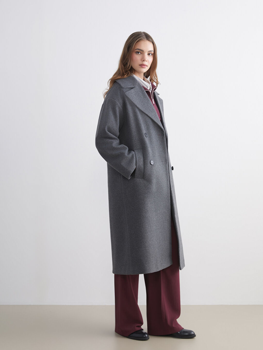 Antrasit Ceket Yaka Kadın Kaşe Kaban-1