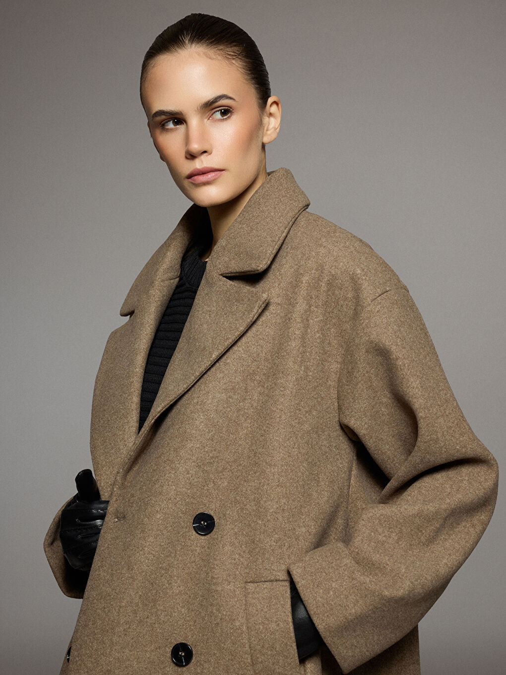 Kahverengi Ceket Yaka Kadın Kaşe Kaban-1