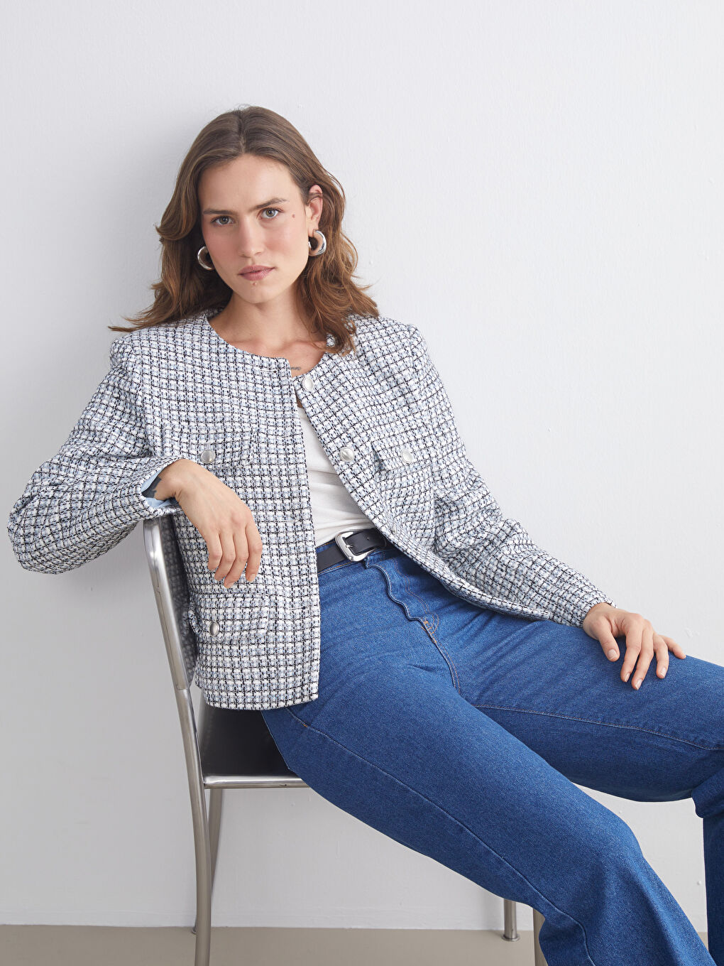 LCWAIKIKI Classic Crew Neck Plaid Women's Tweed Jacket -W55107Z8-LLC