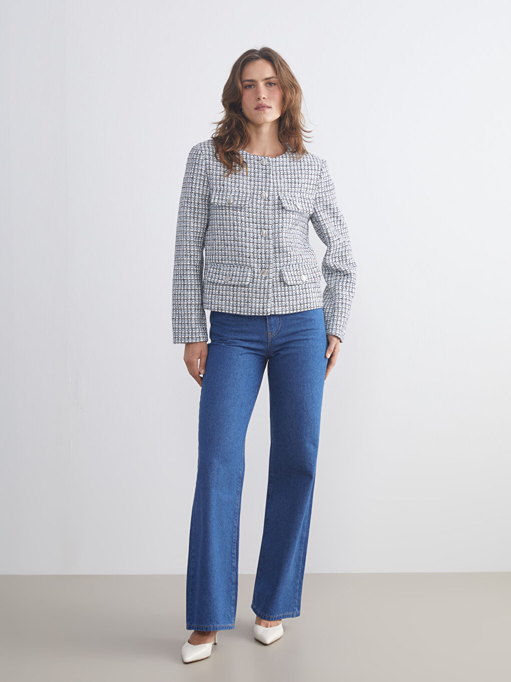 LCWAIKIKI Classic Crew Neck Plaid Women's Tweed Jacket -W55107Z8-LLC