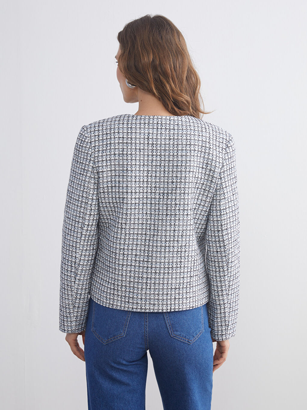 LCWAIKIKI Classic Crew Neck Plaid Women's Tweed Jacket -W55107Z8-LLC