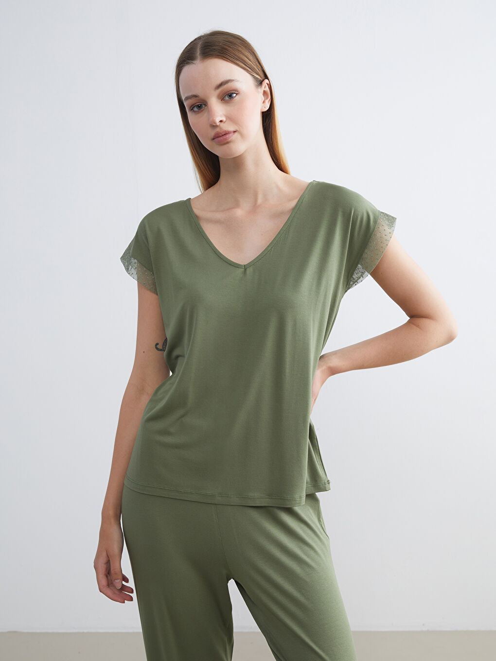 Yeşil V Yaka Kadın Pijama Takımı-2
