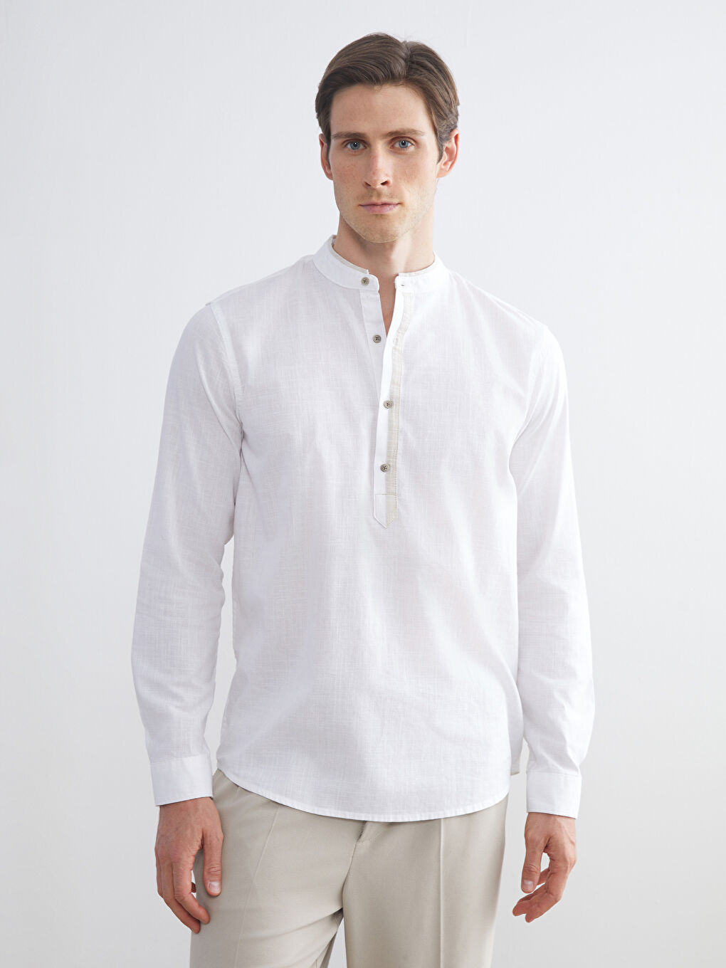 LCW Vision Slim Fit Grandad Collar Long Sleeve Poplin Men's Shirt -W55115Z8-Q6K