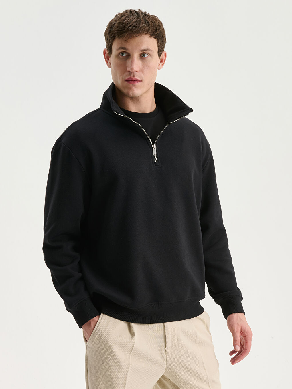 Zippered Funnel Neck Men's Thick Sweatshirt