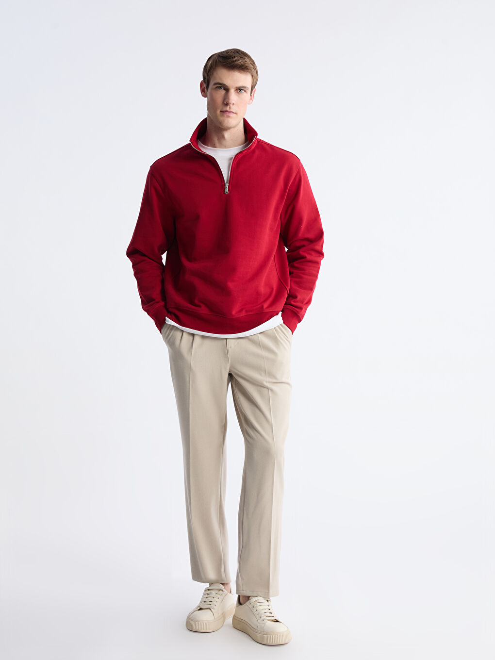 Kırmızı Fermuarlı Dik Yaka Erkek Kalın Sweatshirt-1
