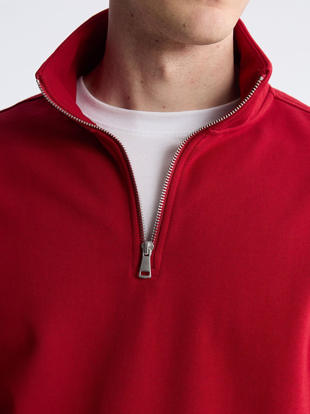 Kırmızı Fermuarlı Dik Yaka Erkek Kalın Sweatshirt-2