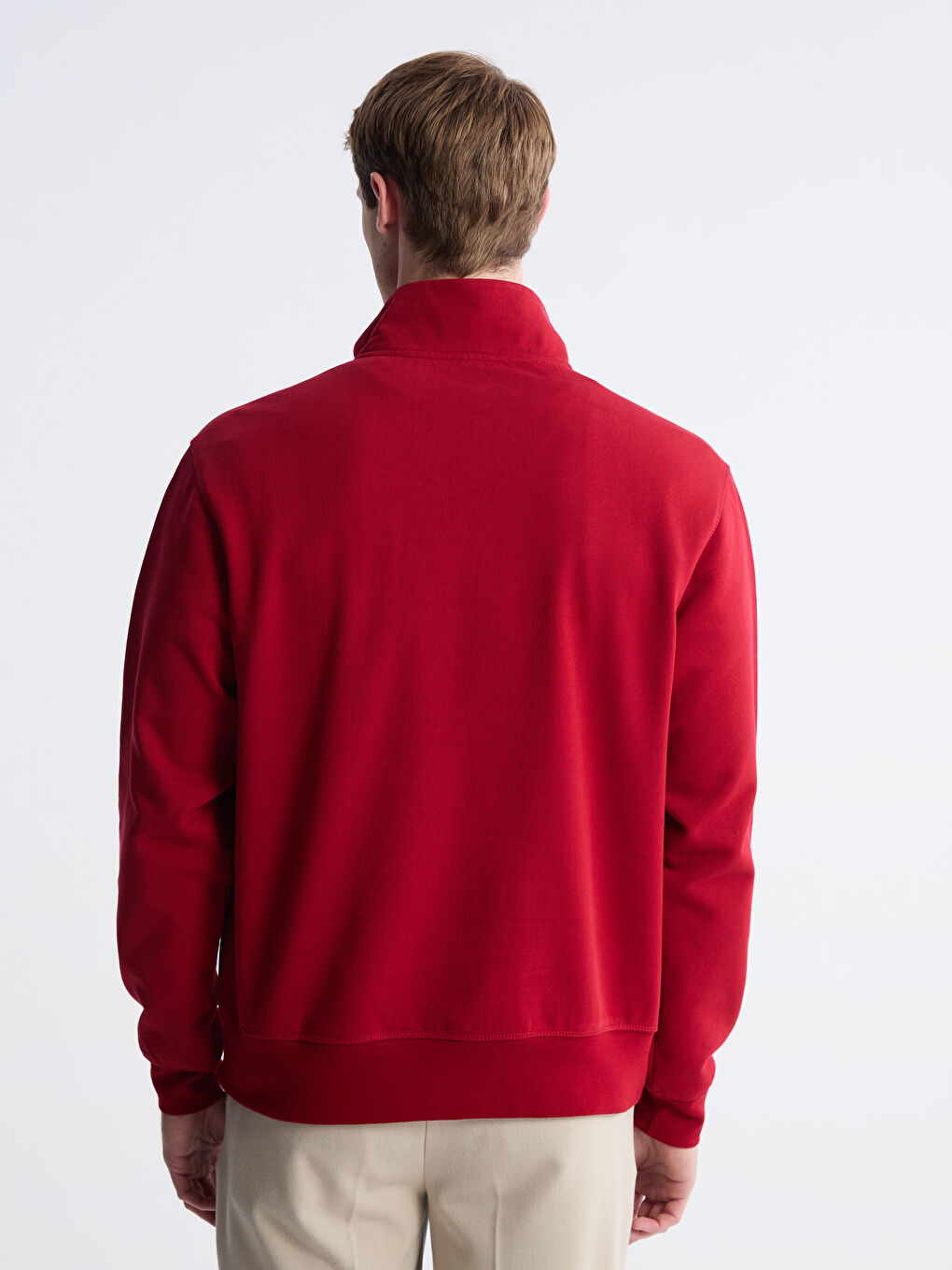 Kırmızı Fermuarlı Dik Yaka Erkek Kalın Sweatshirt-3