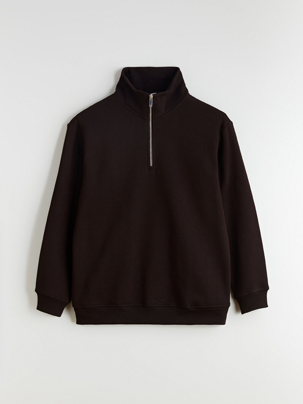 Kahverengi Fermuarlı Dik Yaka Erkek Kalın Sweatshirt-4