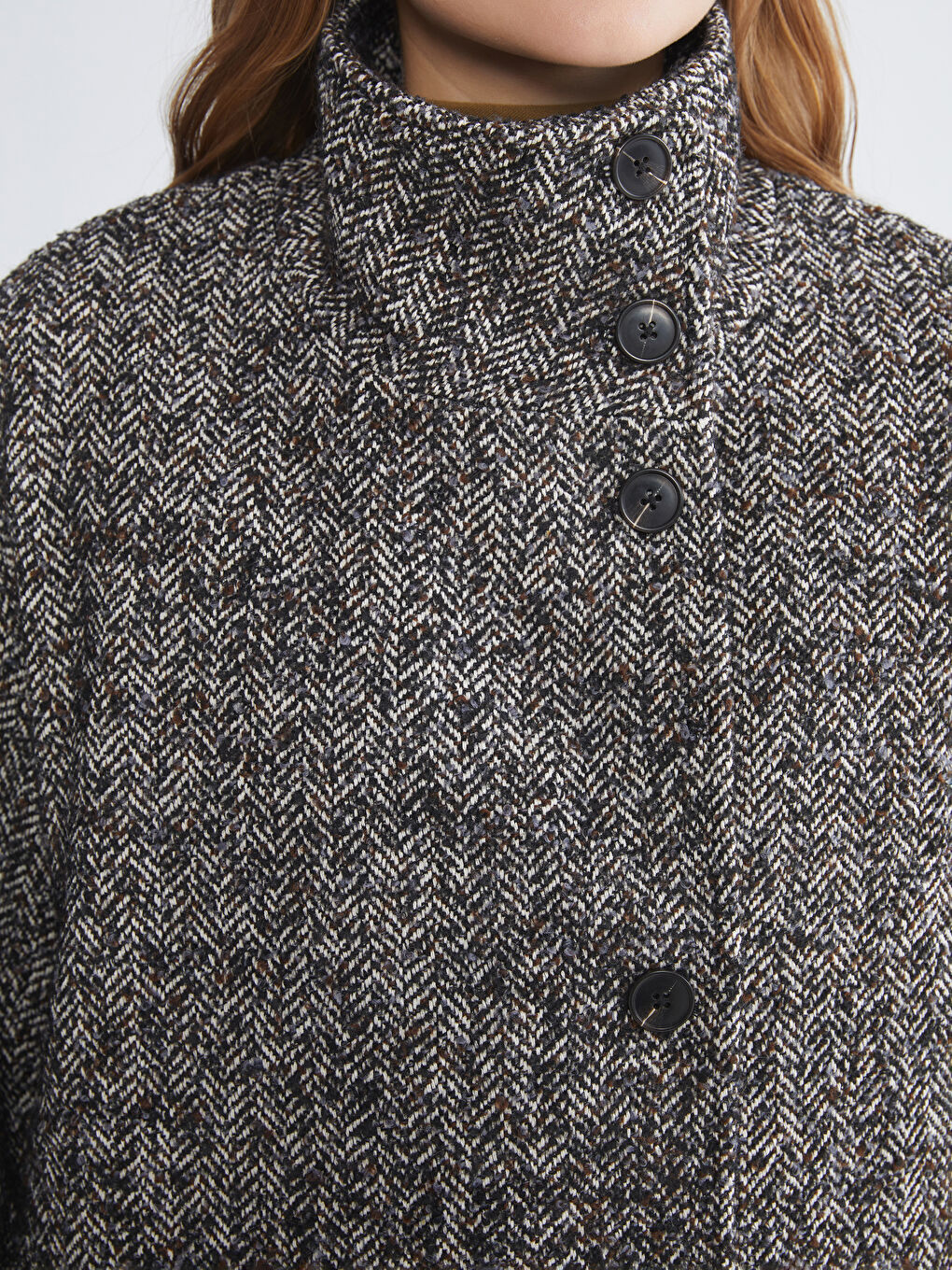 Siyah Dik Yaka Desenli Oversize Kadın Kaşe Kaban-2