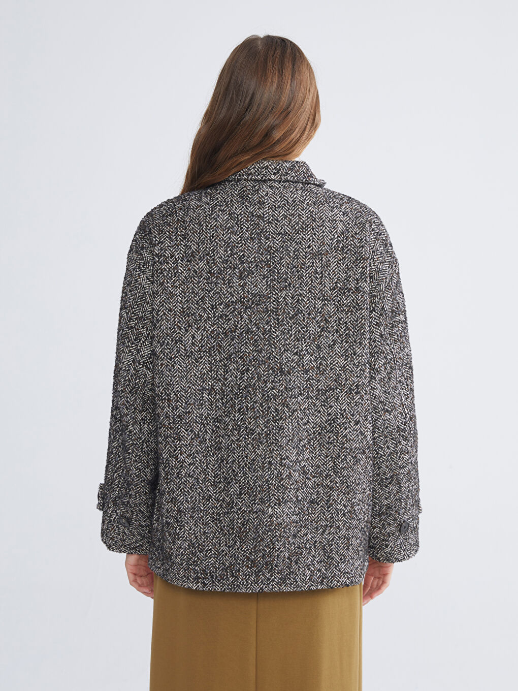 Siyah Dik Yaka Desenli Oversize Kadın Kaşe Kaban-4