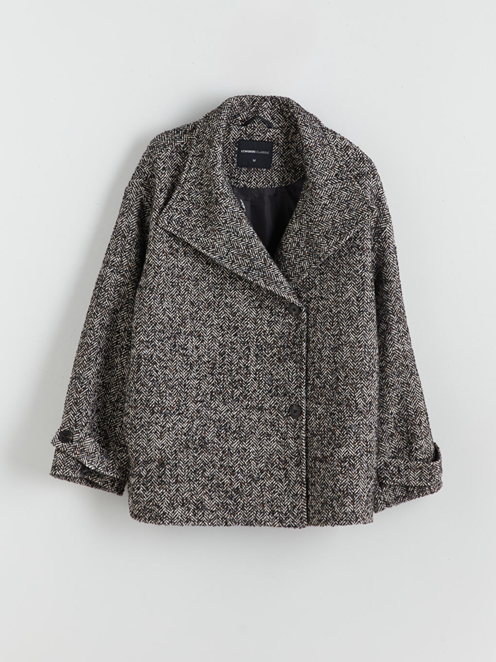 Siyah Dik Yaka Desenli Oversize Kadın Kaşe Kaban-5