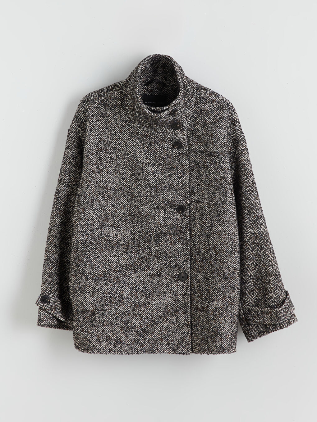 Siyah Dik Yaka Desenli Oversize Kadın Kaşe Kaban-6