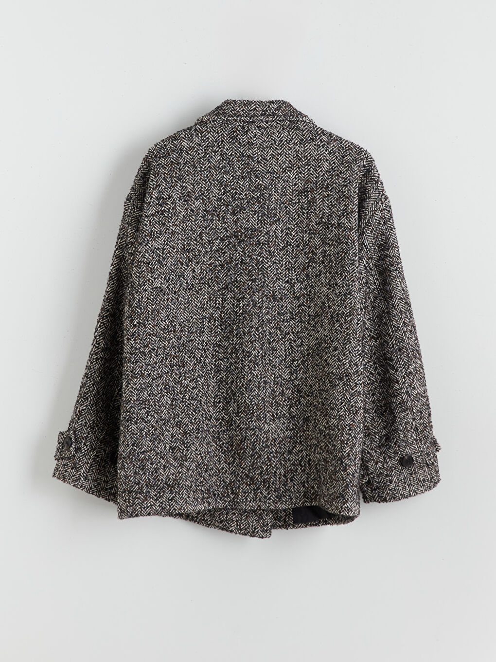 Siyah Dik Yaka Desenli Oversize Kadın Kaşe Kaban-7