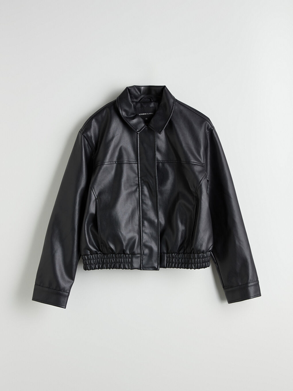 Siyah Gömlek Yaka Kadın Deri Görünümlü Ceket-7