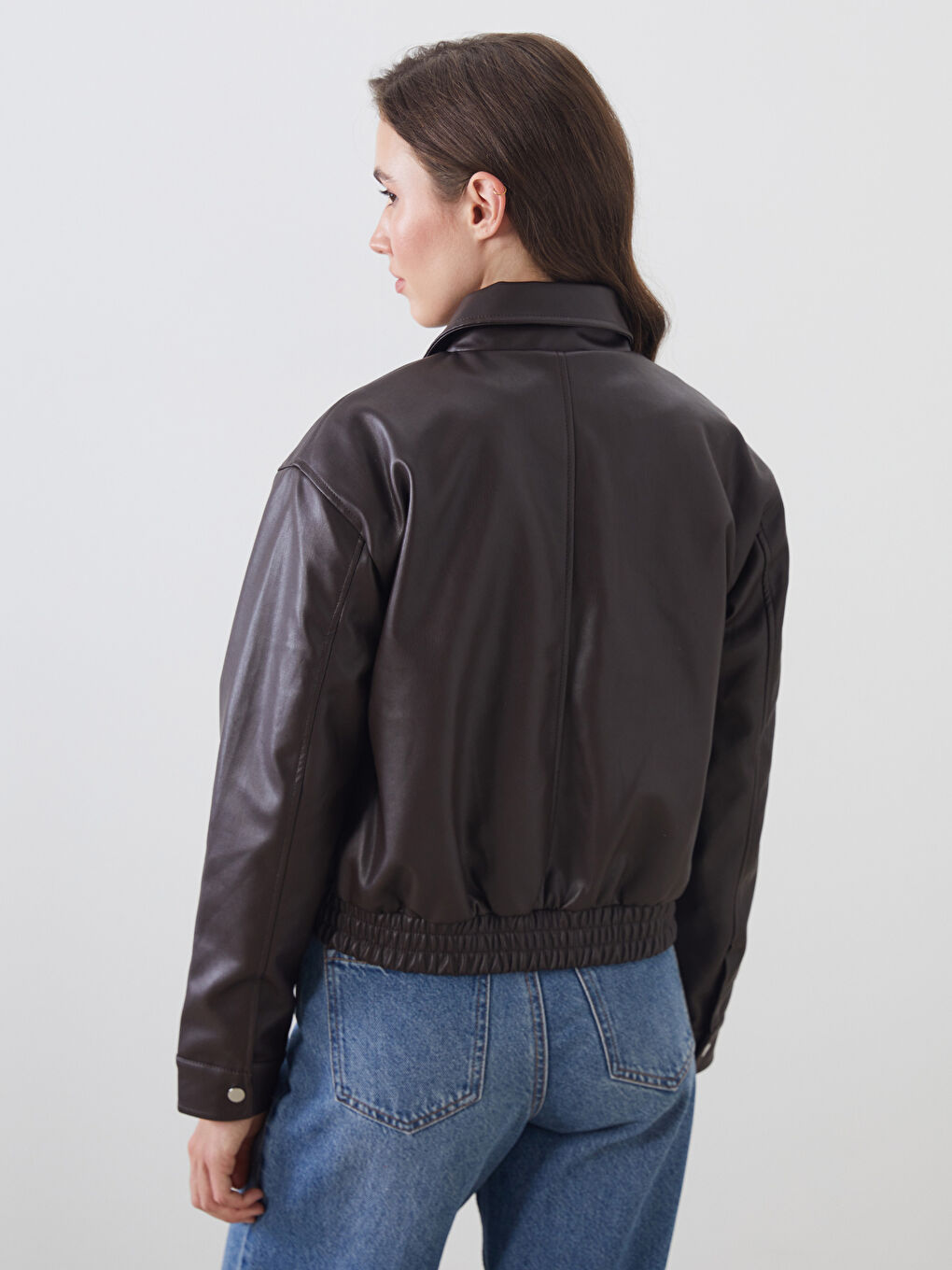 Kahverengi Gömlek Yaka Kadın Deri Görünümlü Ceket-4