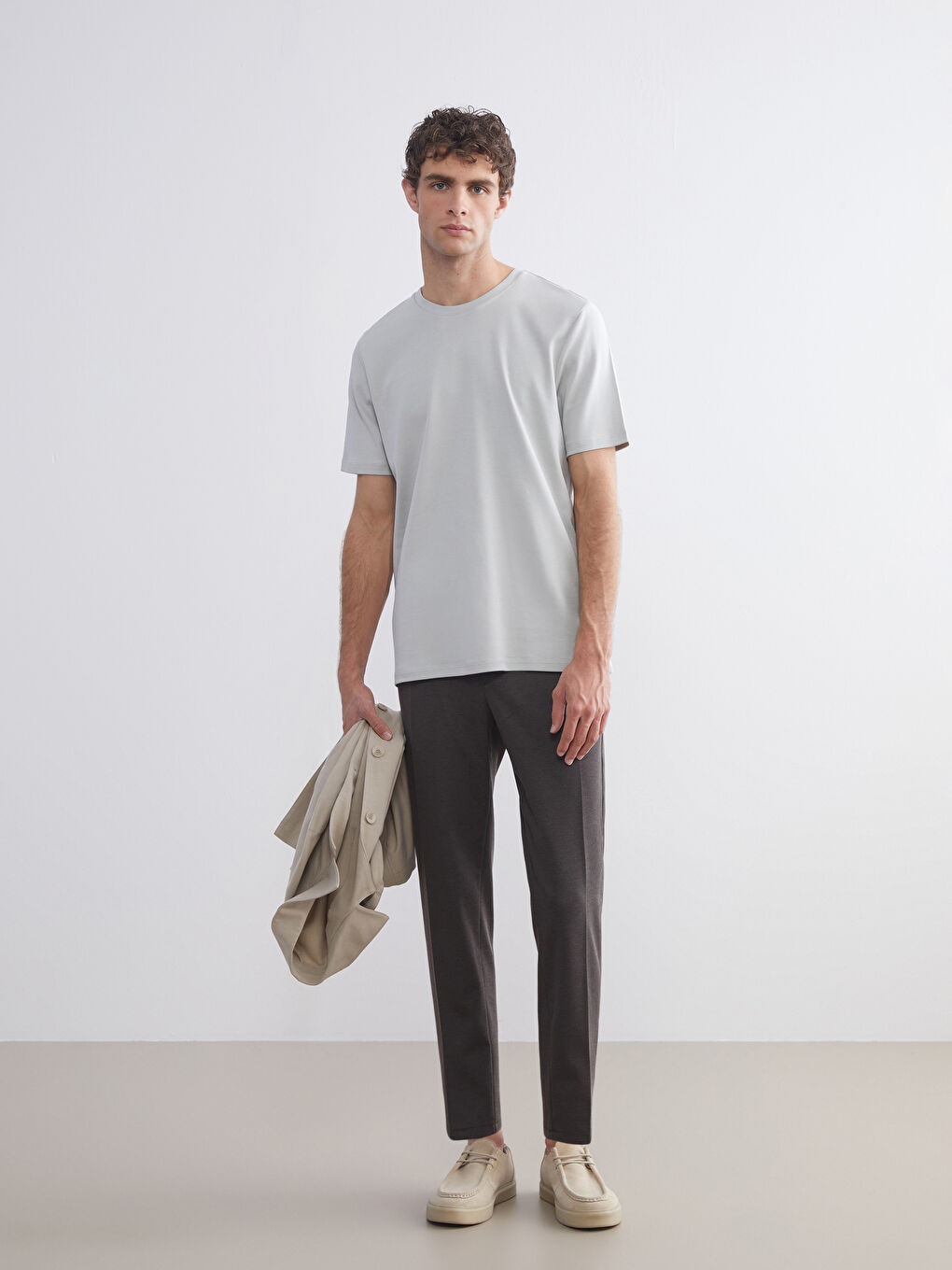 Gri Bisiklet Yaka Baskılı Penye Erkek Tişört-2