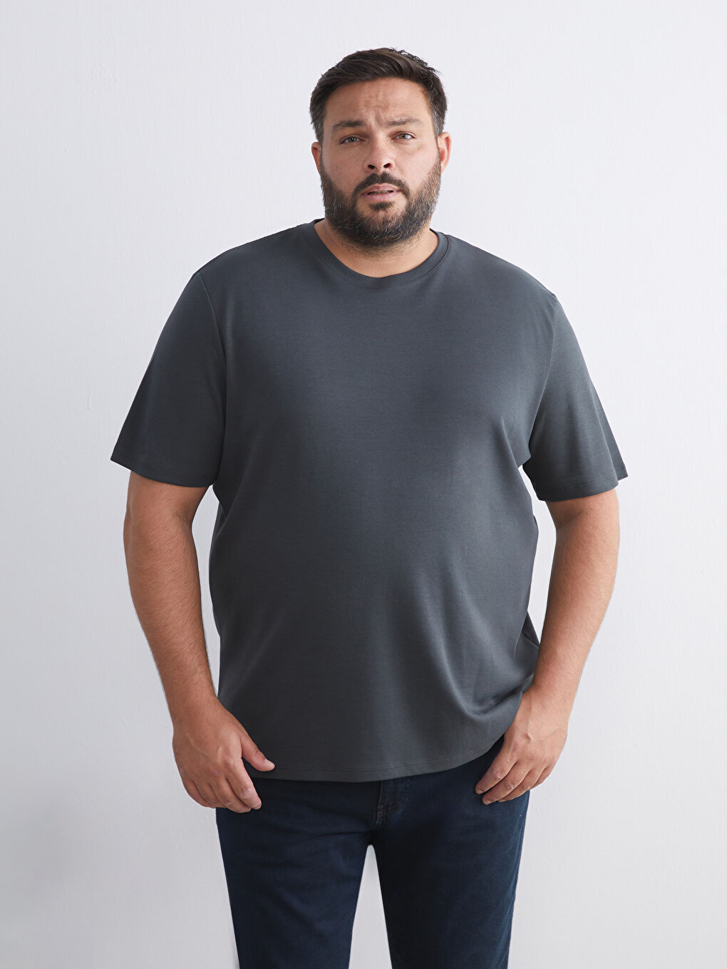 Antrasit Bisiklet Yaka Baskılı Penye Erkek Tişört-1