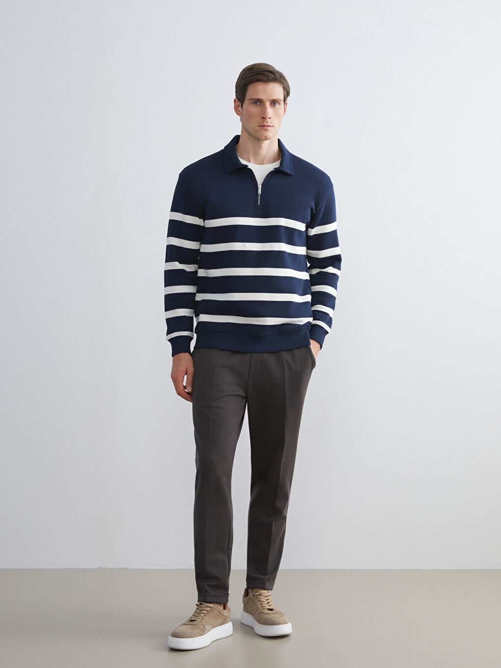 Polo Neck Long Sleeve Striped Men's Sweatshirt-1