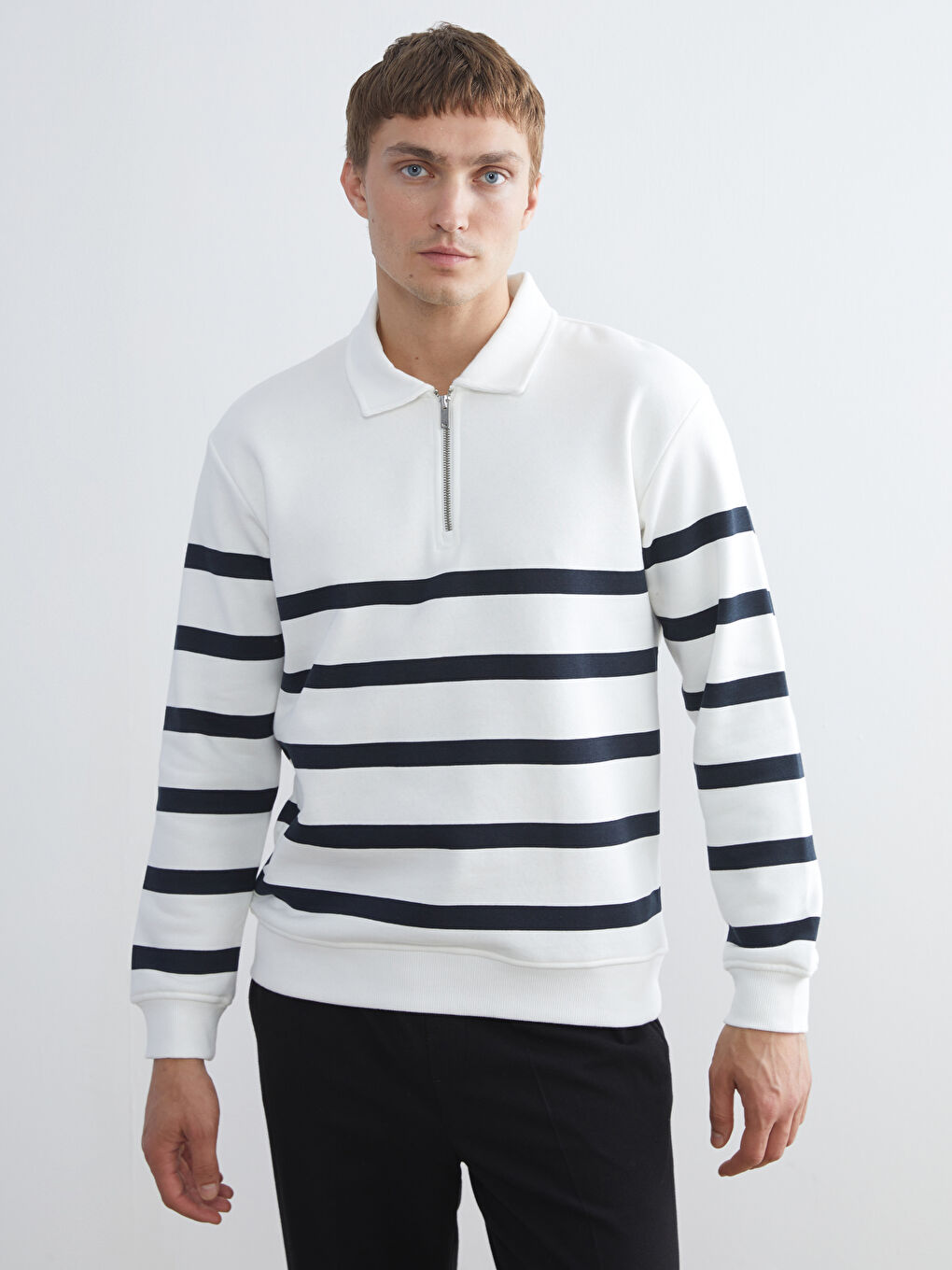 Polo Neck Long Sleeve Striped Men's Sweatshirt