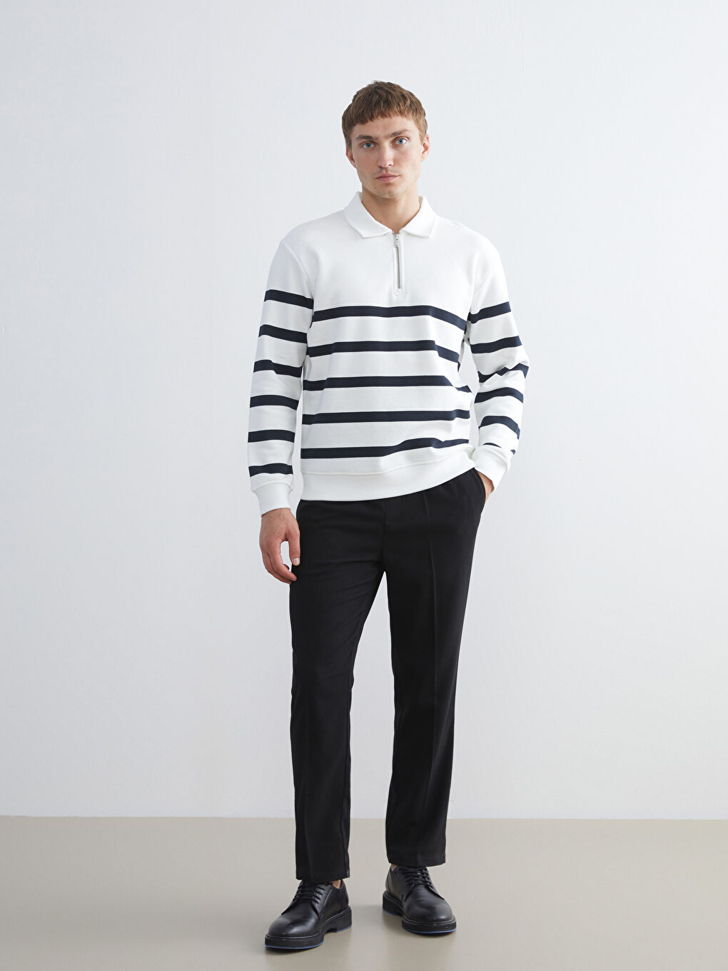 Polo Neck Long Sleeve Striped Men's Sweatshirt-1