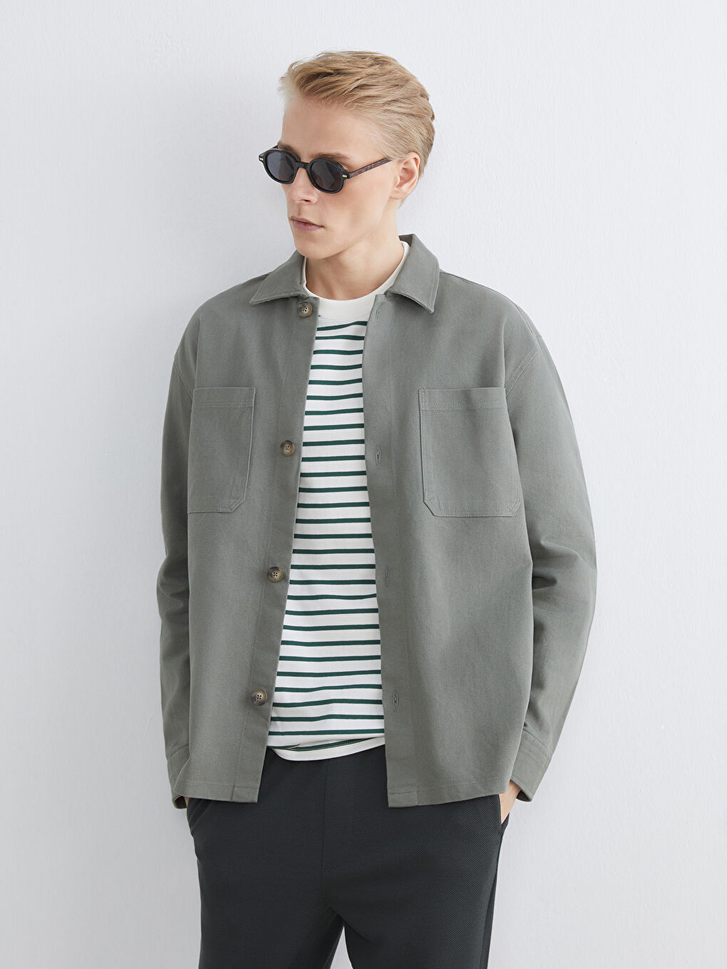 Regulär Sitz Langarm Gabardine Herren Hemdjacke-1