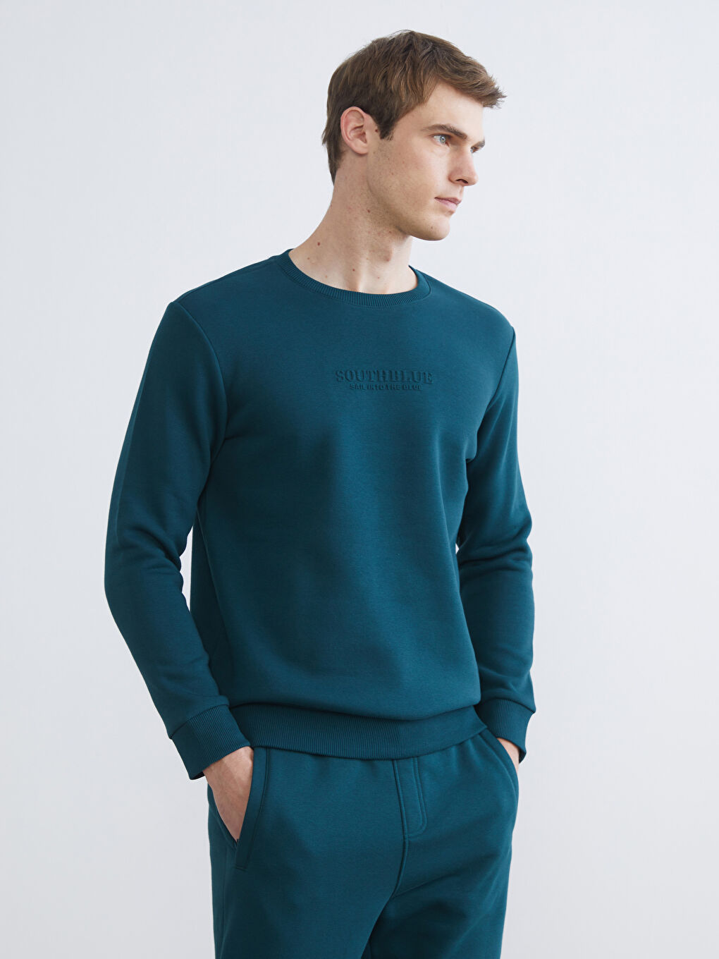 Petrol Bisiklet Yaka Baskılı Erkek Kalın Sweatshirt