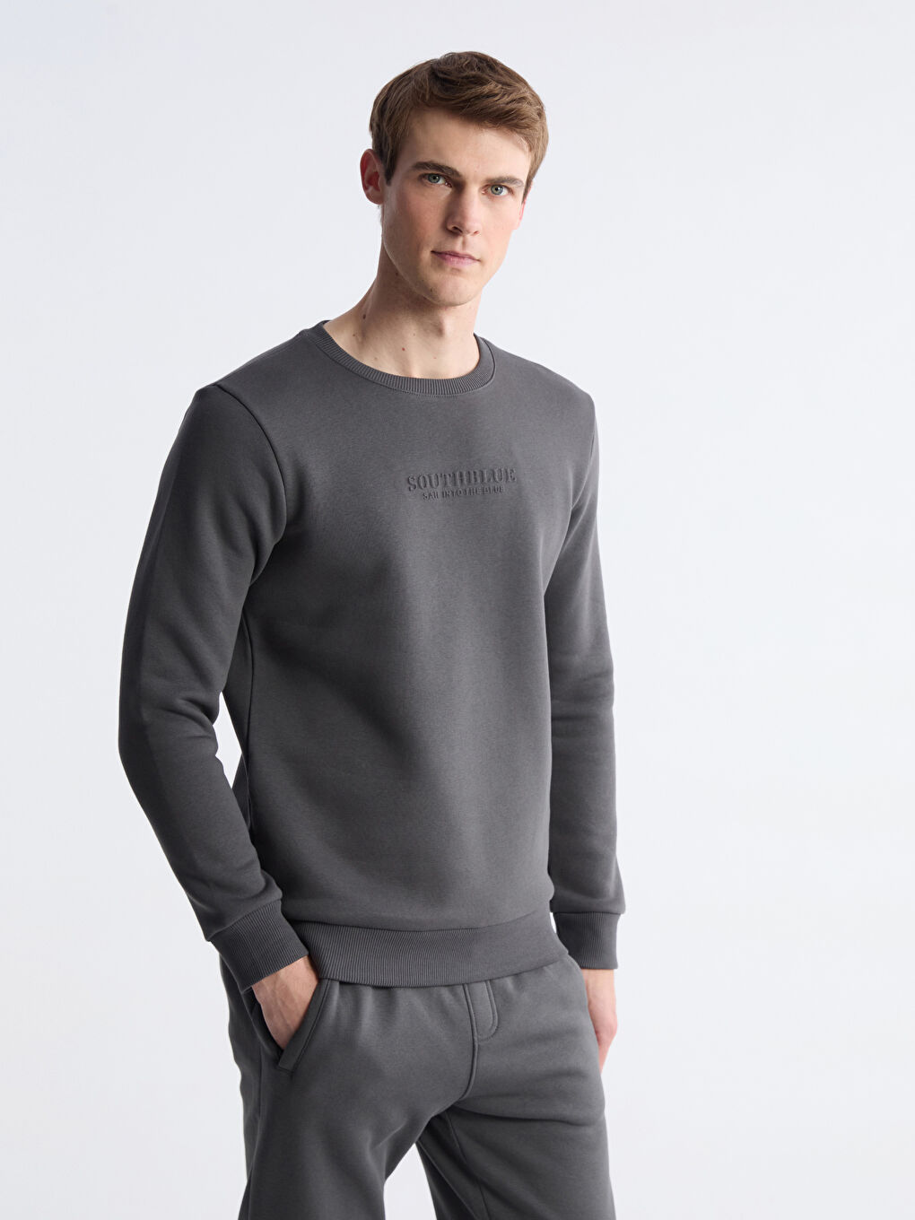 Antrasit Bisiklet Yaka Baskılı Erkek Kalın Sweatshirt