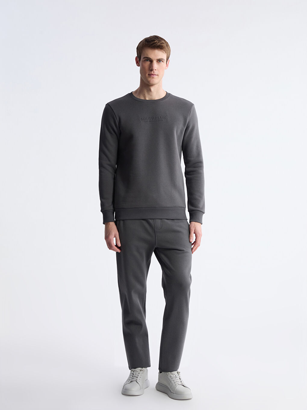 Antrasit Bisiklet Yaka Baskılı Erkek Kalın Sweatshirt-1