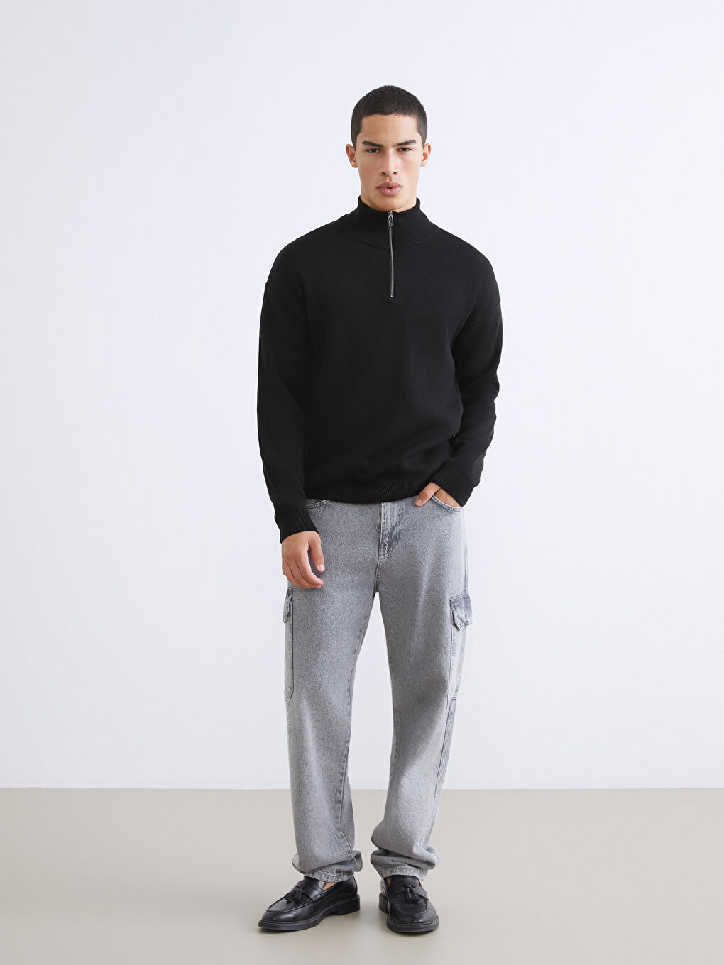 Funnel Neck Long Sleeve Men's Knitwear Sweater-1