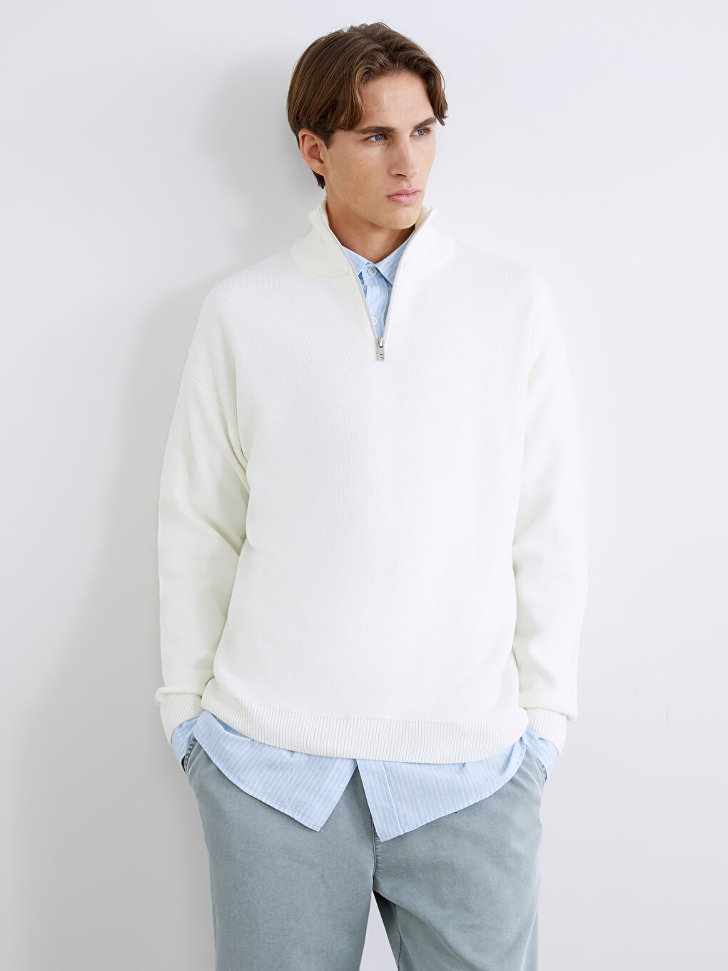 Pull-over en Tricot à Manches Longues pour Hommes avec Col Cheminée