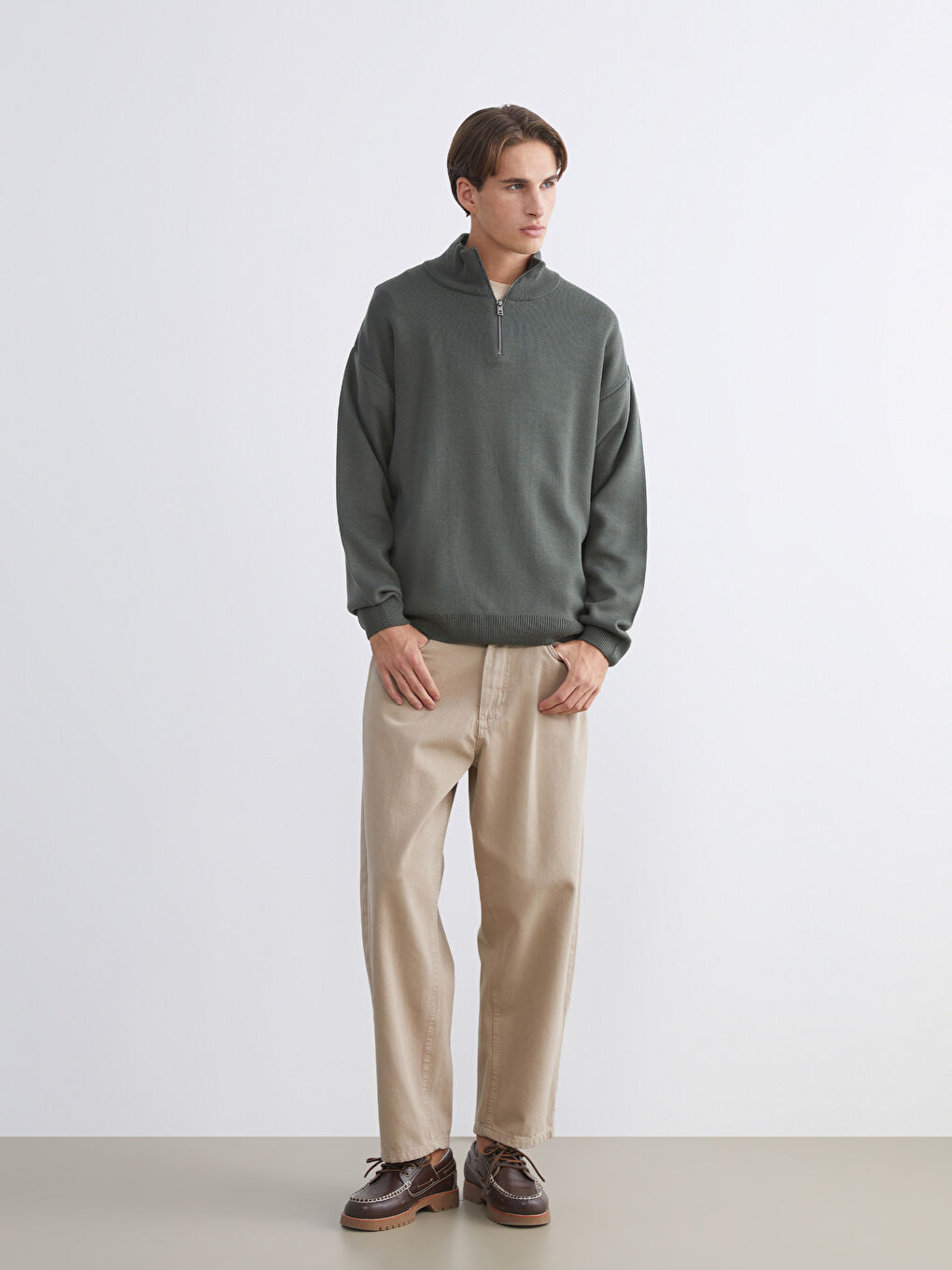 Haki Dik Yaka Uzun Kollu Erkek Triko Kazak-1