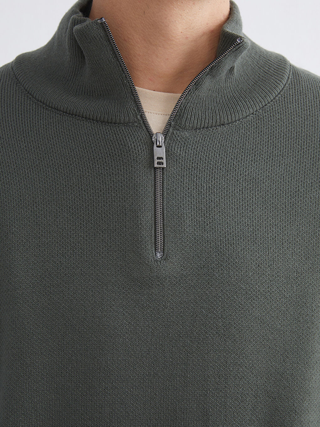 Haki Dik Yaka Uzun Kollu Erkek Triko Kazak-2