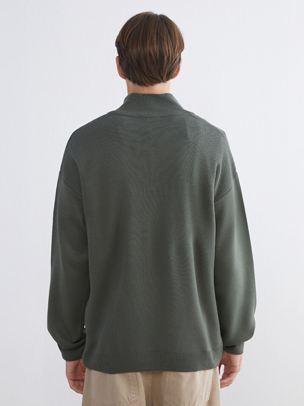 Haki Dik Yaka Uzun Kollu Erkek Triko Kazak-3