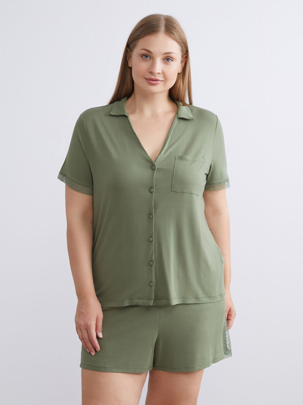 Yeşil Gömlek Yaka Kadın Şortlu Pijama Takımı-5