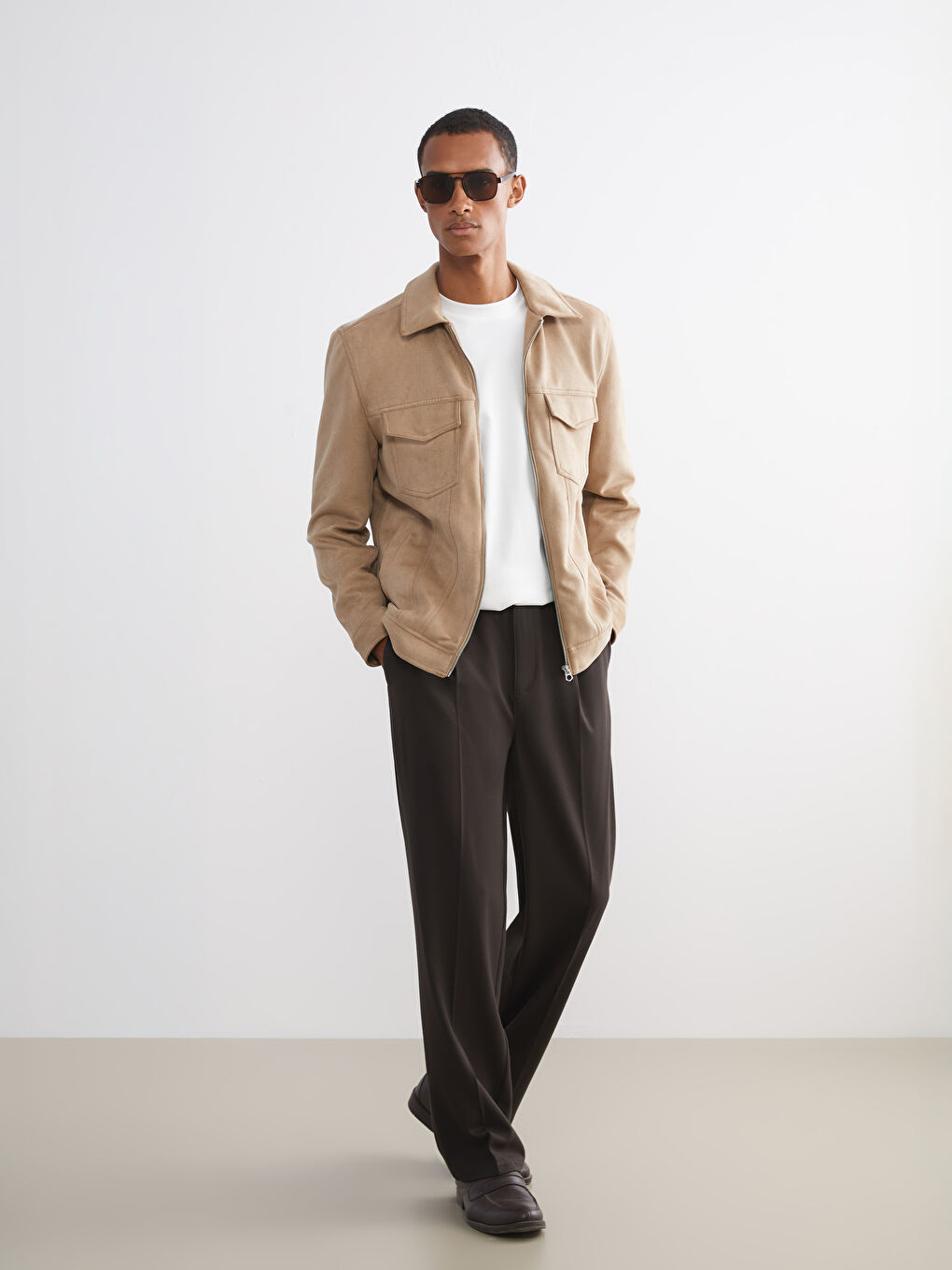 Slim Fit Collared Neck Suede Men's Coat-1