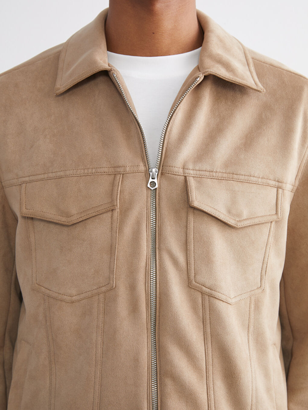 Slim Fit Collared Neck Suede Men's Coat-2