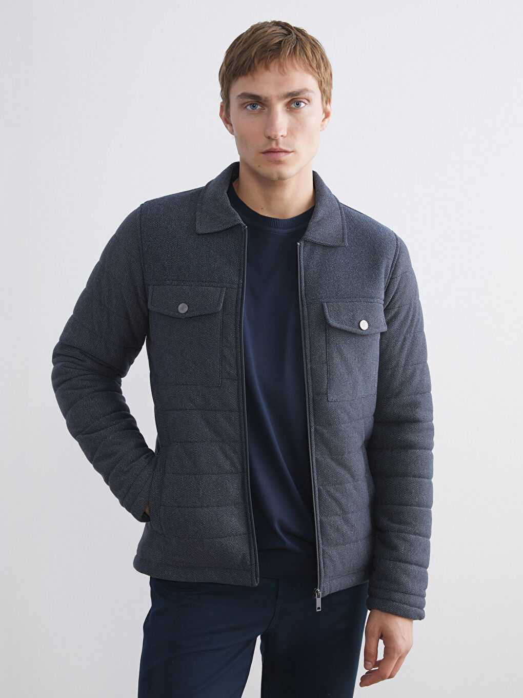 Lacivert Slim Fit Gömlek Yaka Erkek Mont