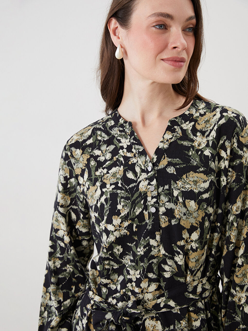 Notch Neck Floral A-Line Linen-Look Dress-2