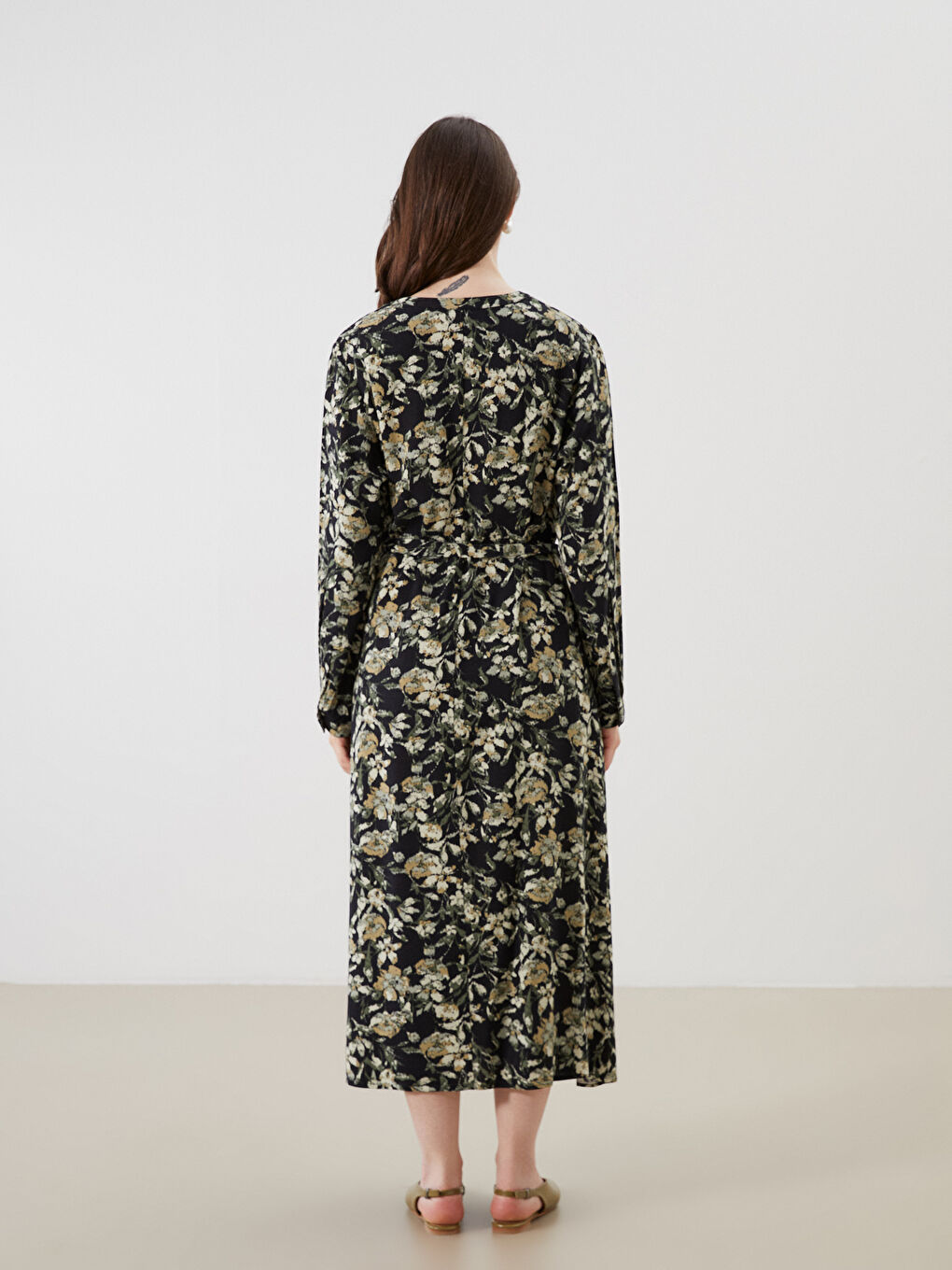 Notch Neck Floral A-Line Linen-Look Dress-3