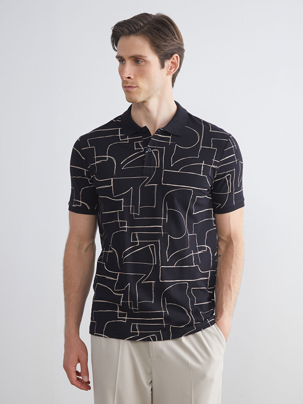 Polo Neck Short Sleeve Patterned Pique Men's T-Shirt-1