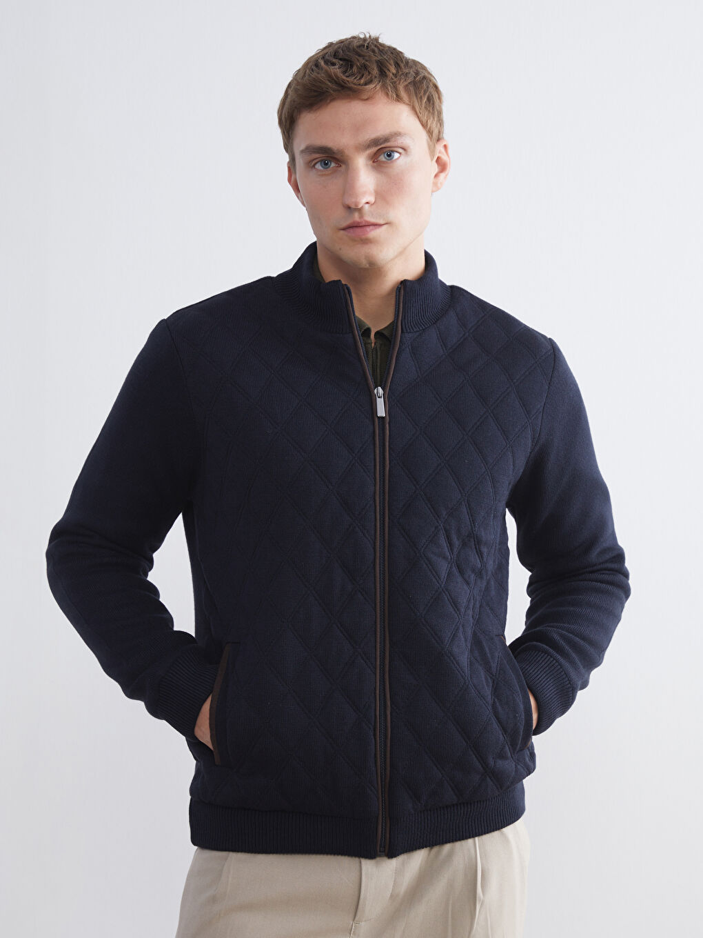 Lacivert Standart Kalıp Dik Yaka Erkek Triko Hırka-1