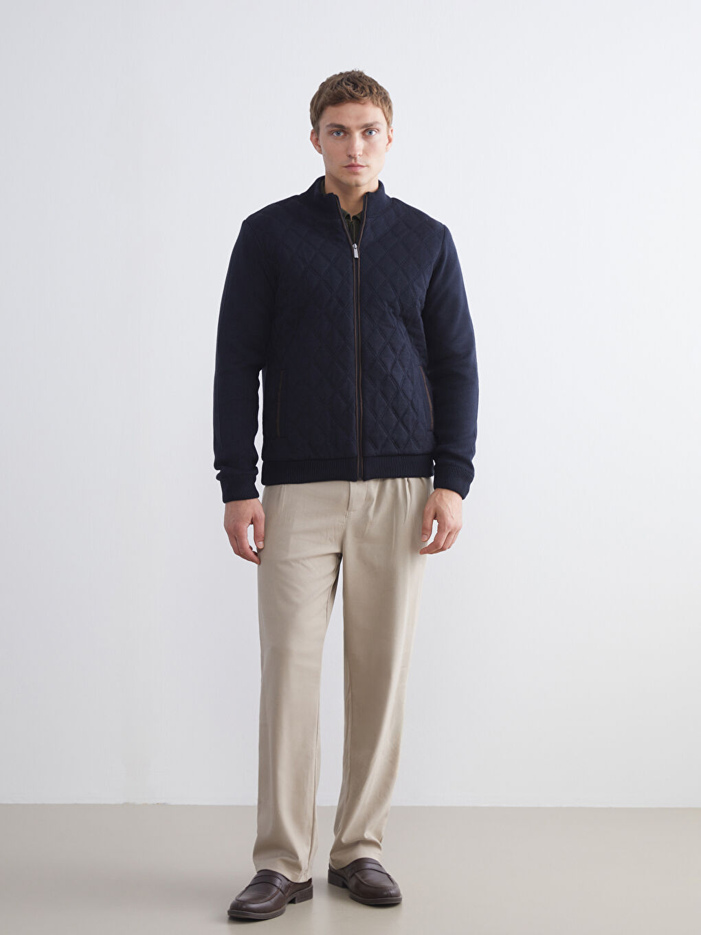 Lacivert Standart Kalıp Dik Yaka Erkek Triko Hırka-2