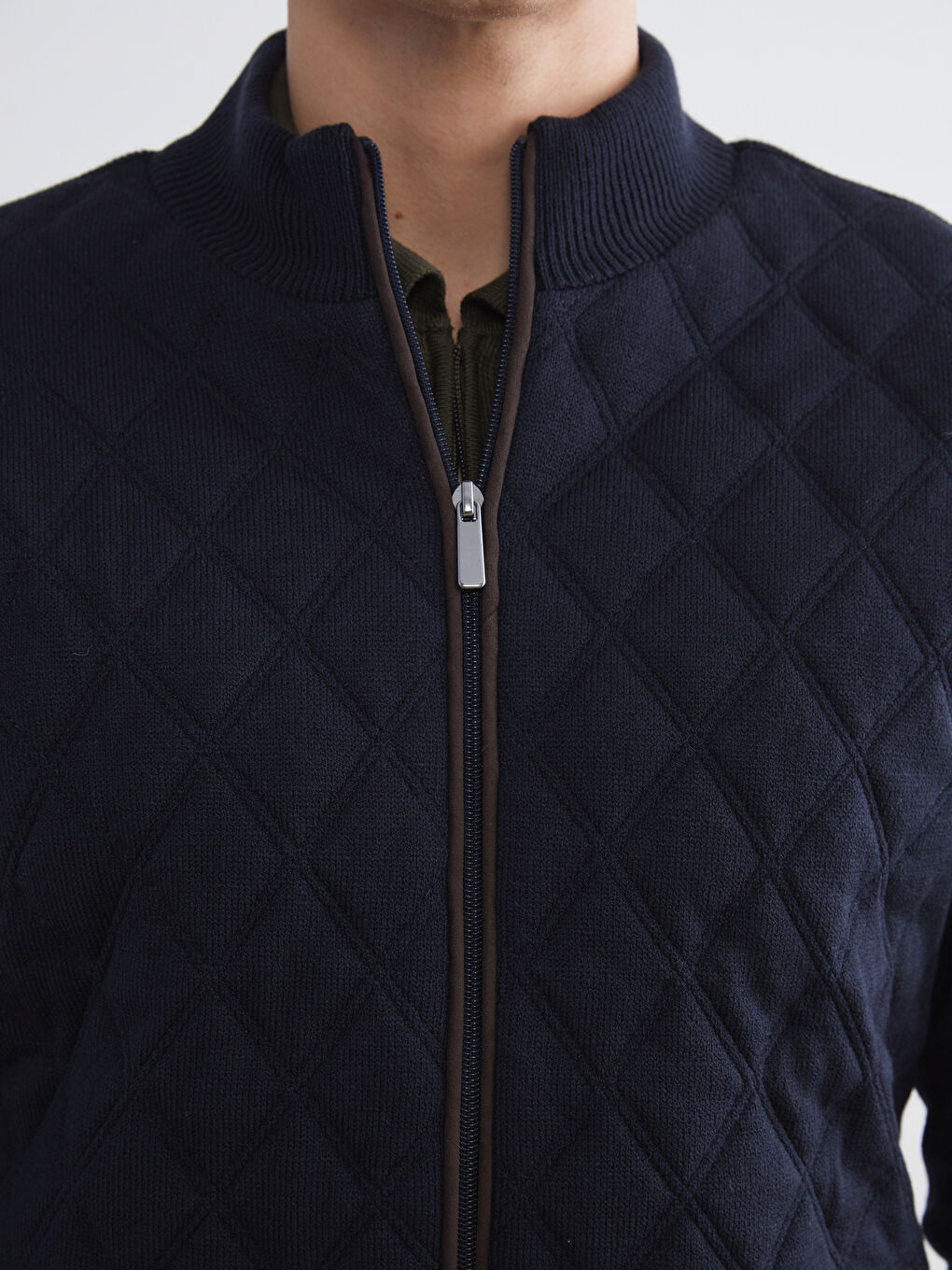 Lacivert Standart Kalıp Dik Yaka Erkek Triko Hırka-4